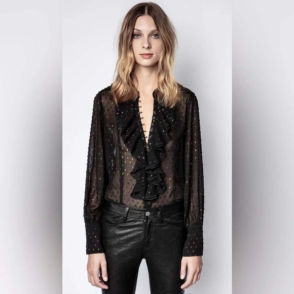 Zadig & Voltaire Tops - Zadig & Voltaire Twin Mousseline Swiss Dot Ruffle Blouse Black WJCP3514F Small
